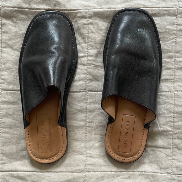 either/or Shoes - Either/Or Black Leather Mules